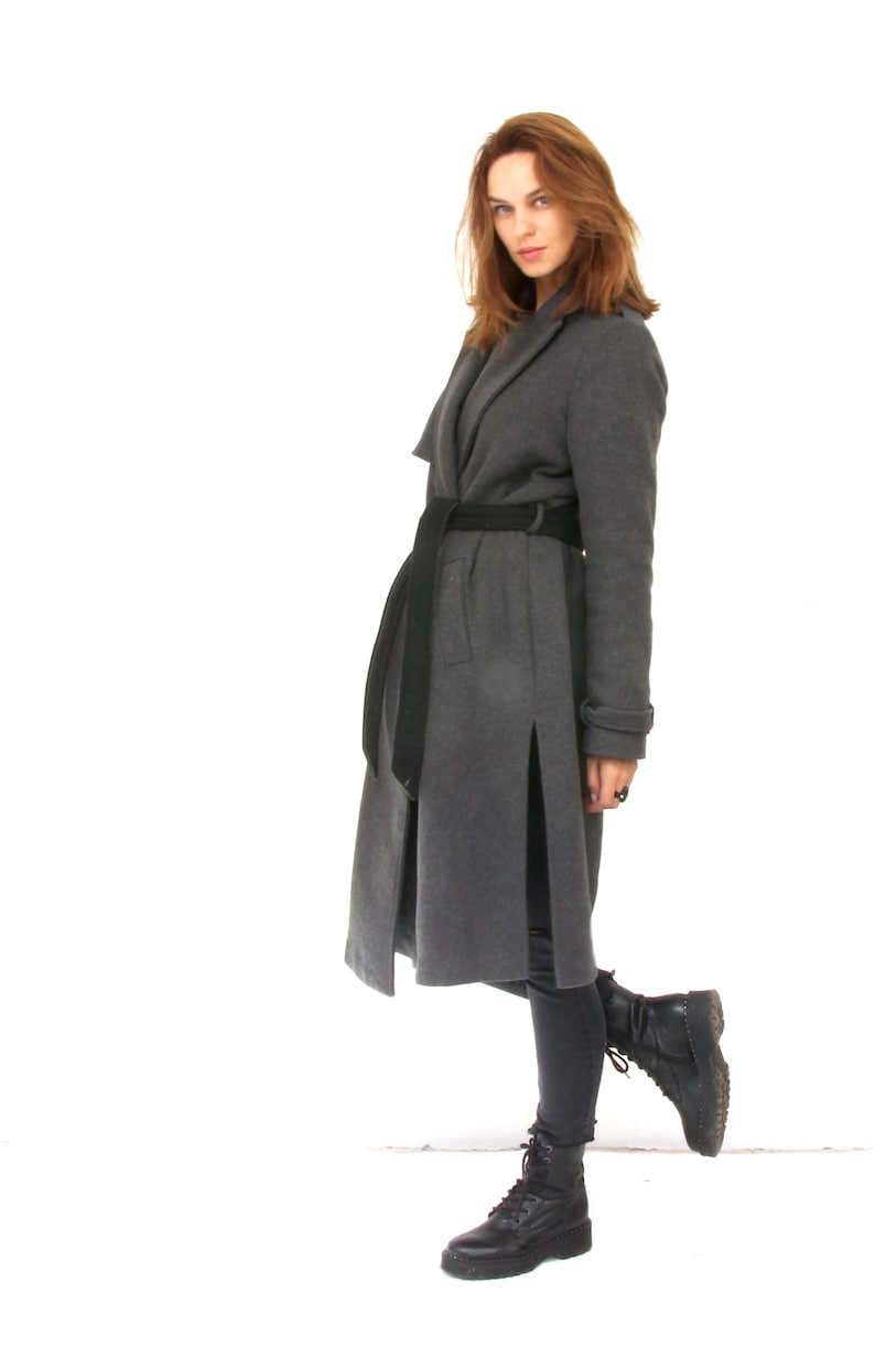 Grey Military Style Wool Coat Woman Belted Minimalist Peacoat M