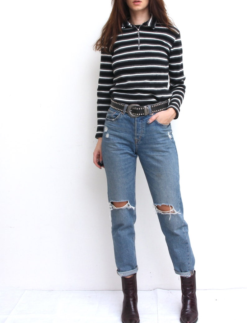 Vertical Stripes Black And White Top Quarter Zip Blouse Fitted Grunge Everyday Top With Long Sleeve M Made in France