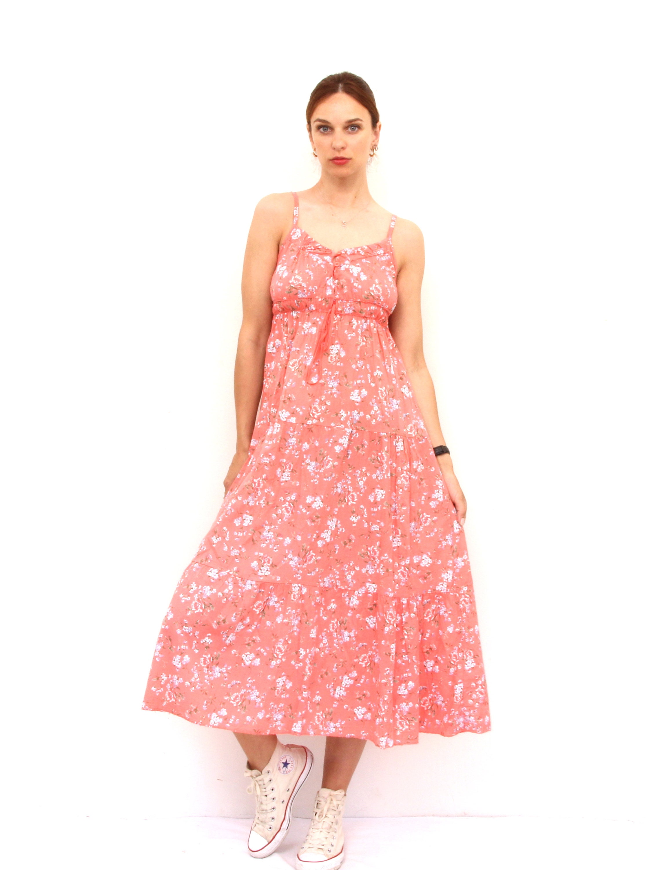 Pastel Pink Floral Maxi Dress Empire 