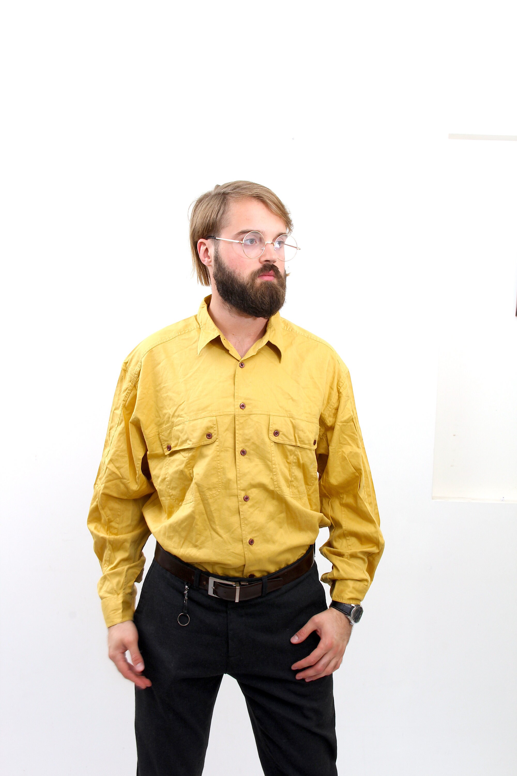 Vintage Button Down Oxford Shirt 80/'s Mustard Men Minimalist Chemise L XL