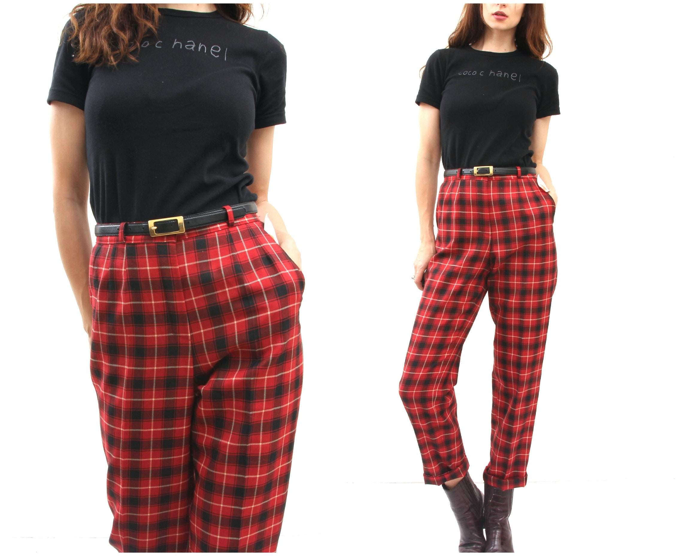 red tartan high waisted trousers