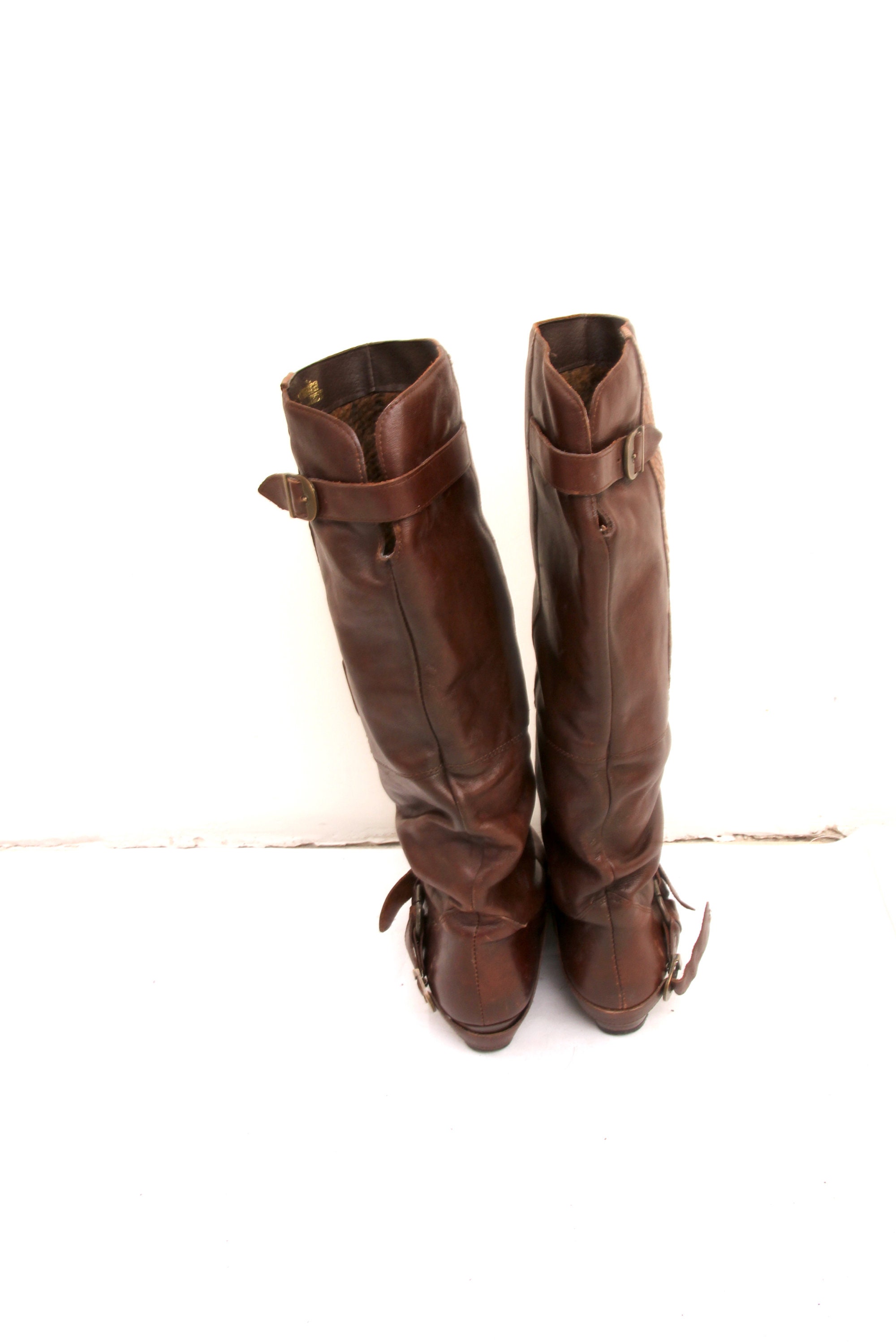 Vintage Slouch Western Boots Tall Brown Leather Biker Boots Festival