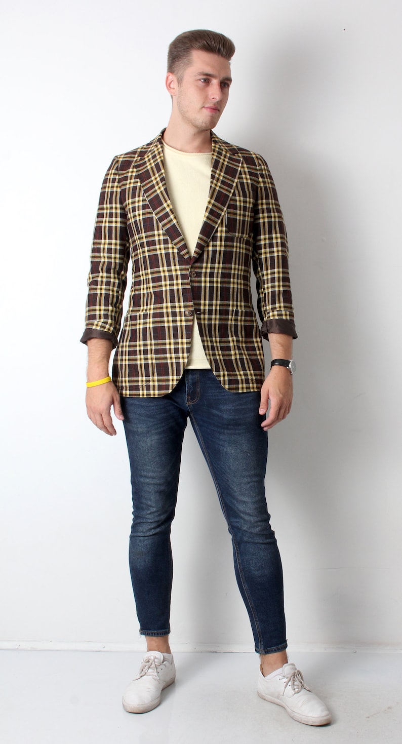 70s Tartan Jacket Tailored Jacket For Men Classic Jacket Yellow Brown Jacket L