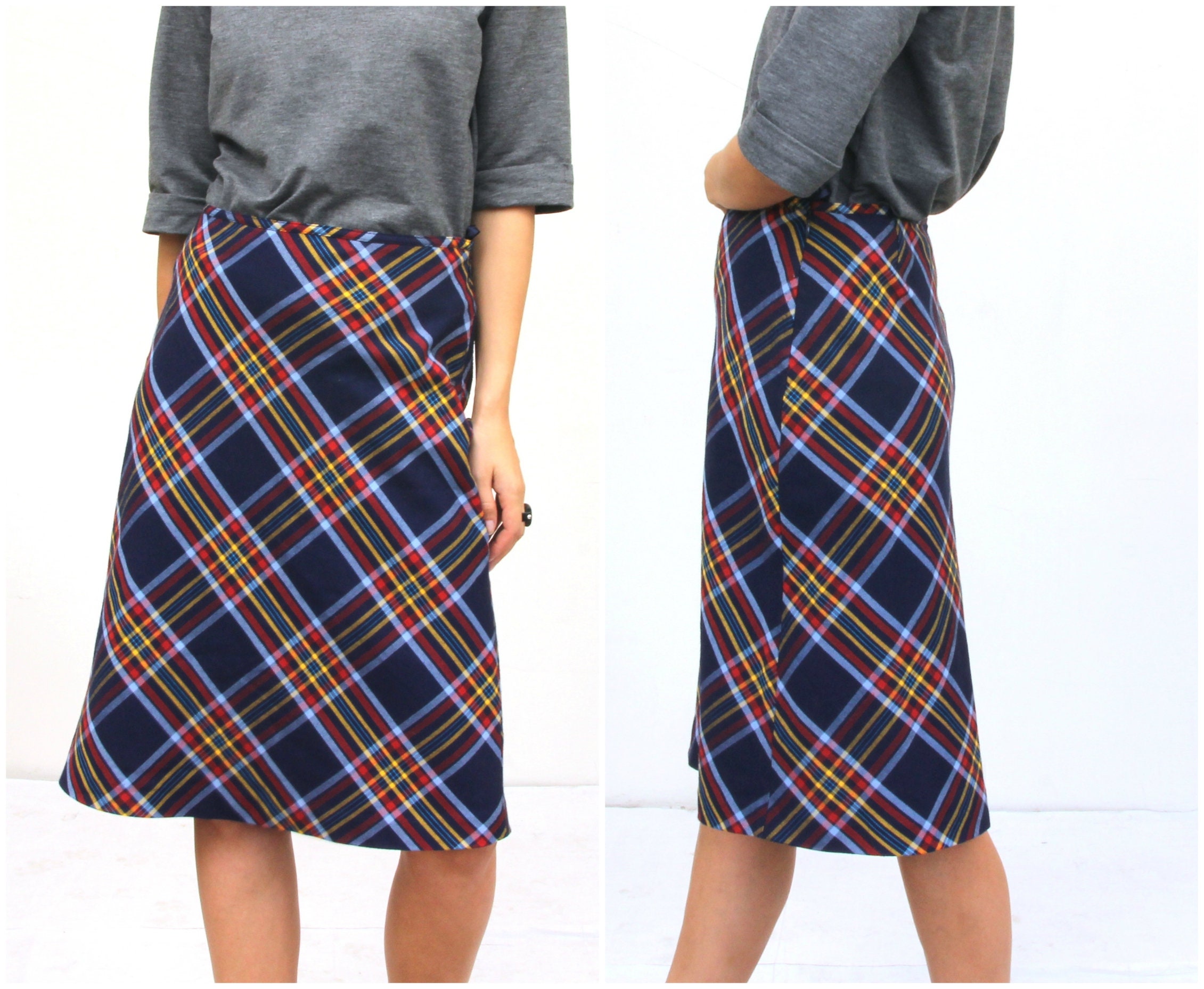 Blue Tartan Skirt Straight Knee Length Skirt Plaid Skirt S M Etsy