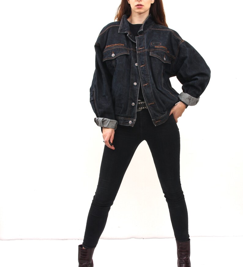 Vintage Black Oversized Jean Jacket Western Embroidered Jacket Etsy