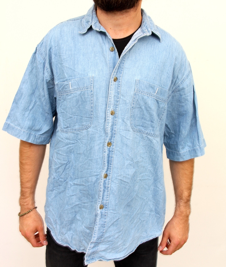 90/'s Short Sleeve Oversized Jeans Shirt Button Down Denim Blue Chemise L XL