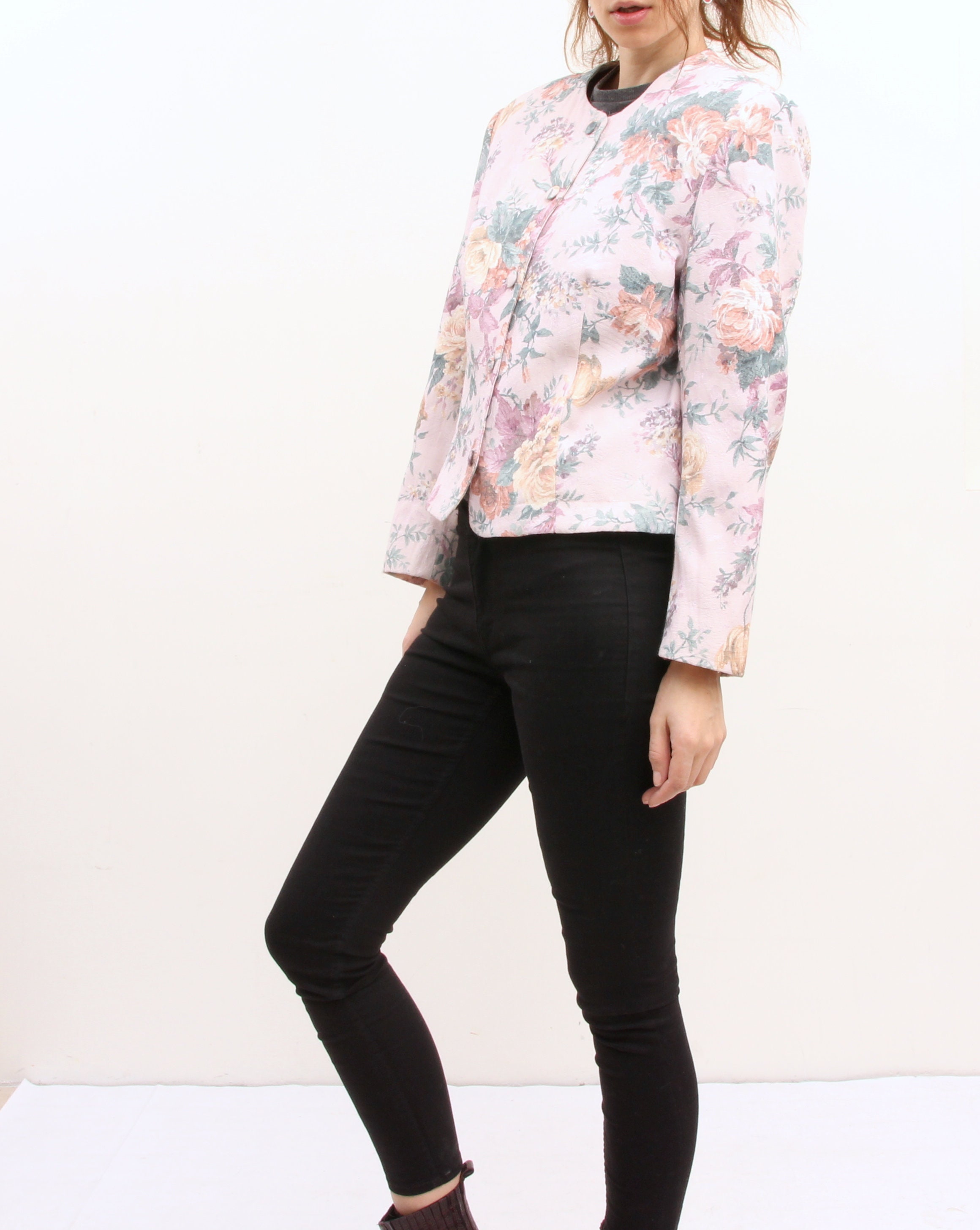 Pastel Colours Floral Jacket O Neck Large Women Jacket Romantic Crop Jacket L