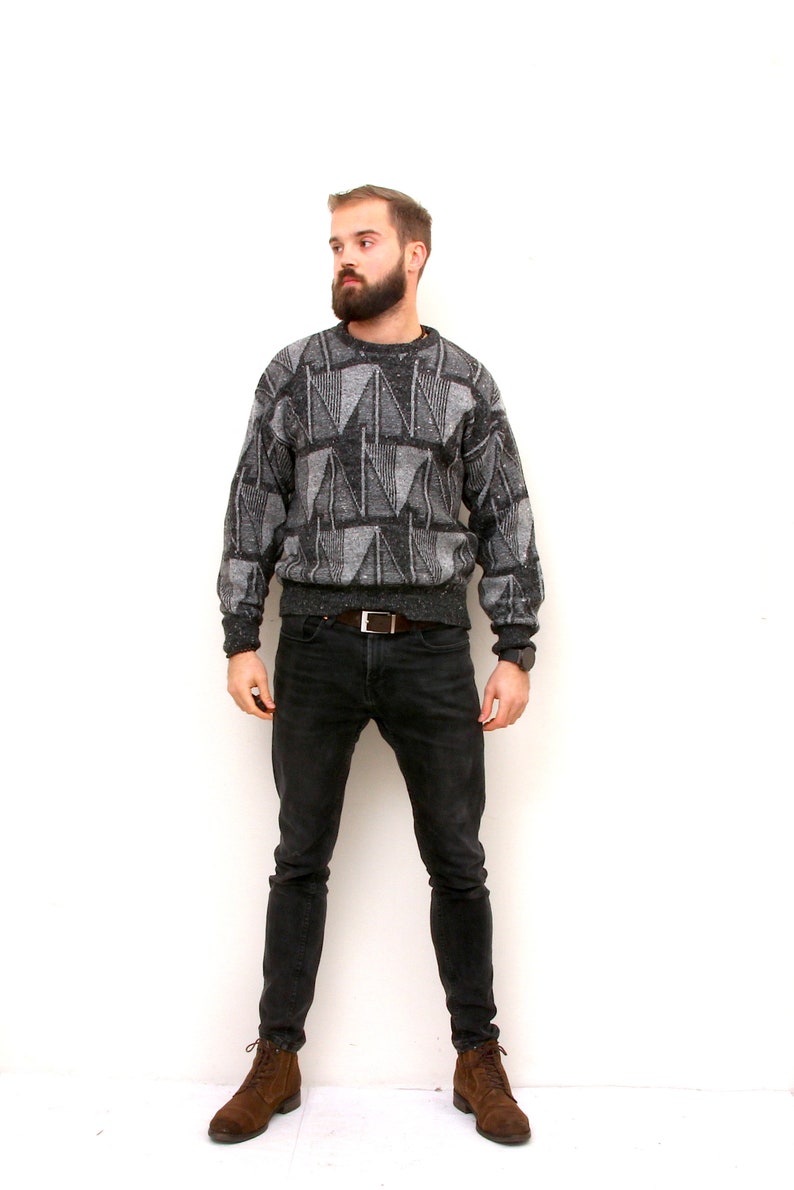 80s Geometric Sweater With Grey Tones Simple Pullover Home Pullover For Man M