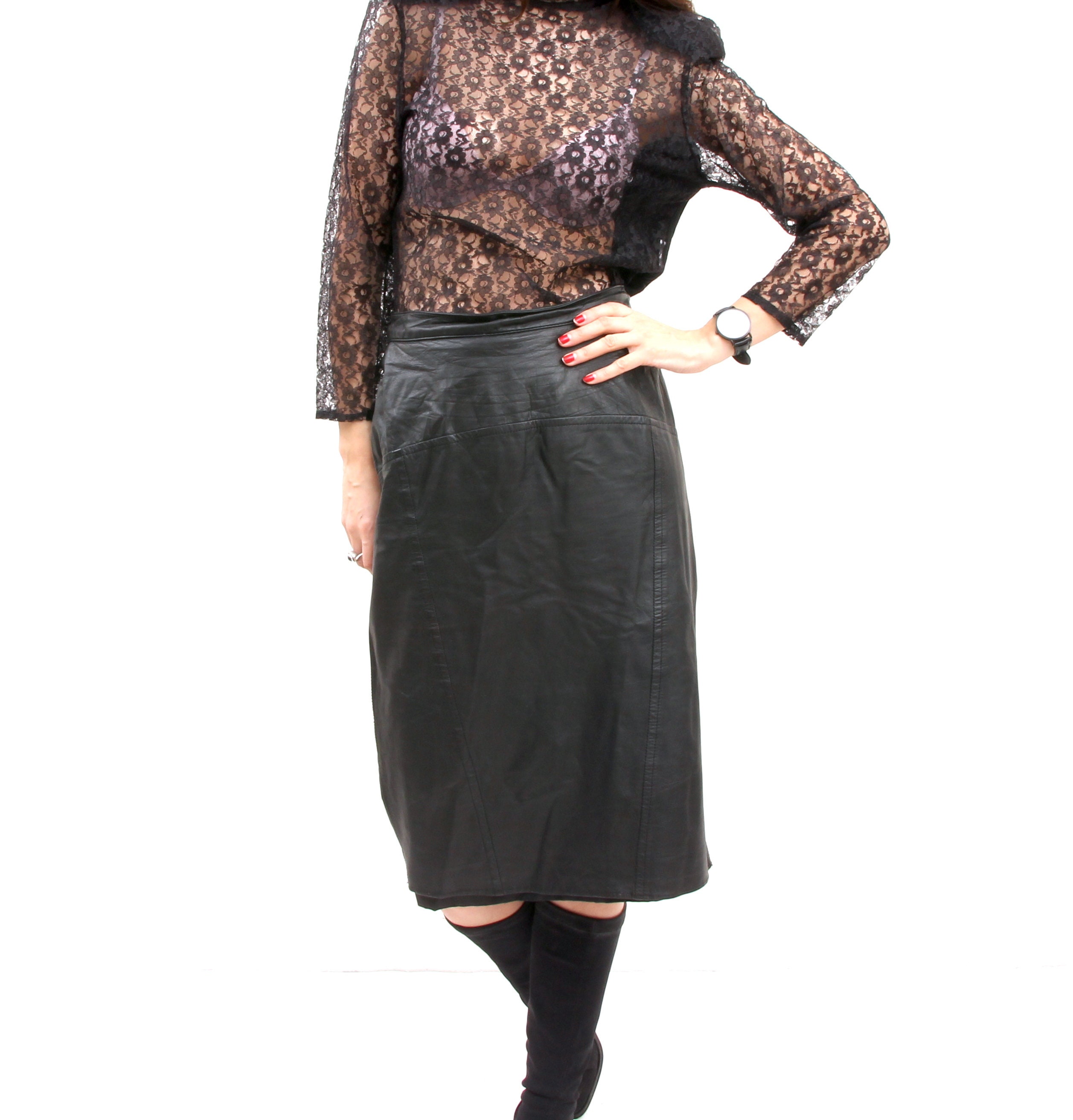 Black Leather Pencil Skirt Knee Length And High Waist Skirt 90s 80s ...