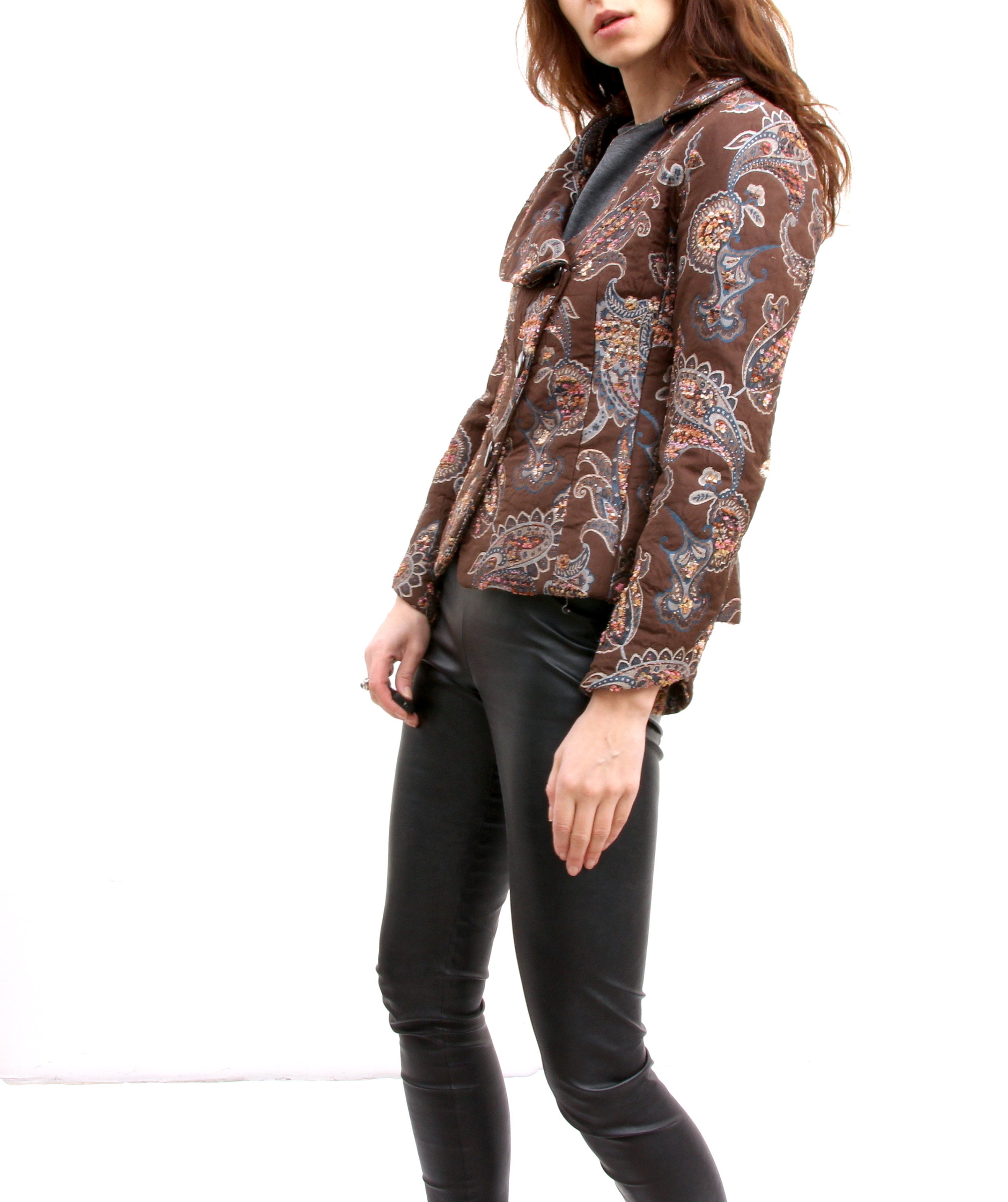 Vintage Feminine Brown Floral Tapestry Jacket Short Waisted Jacket With