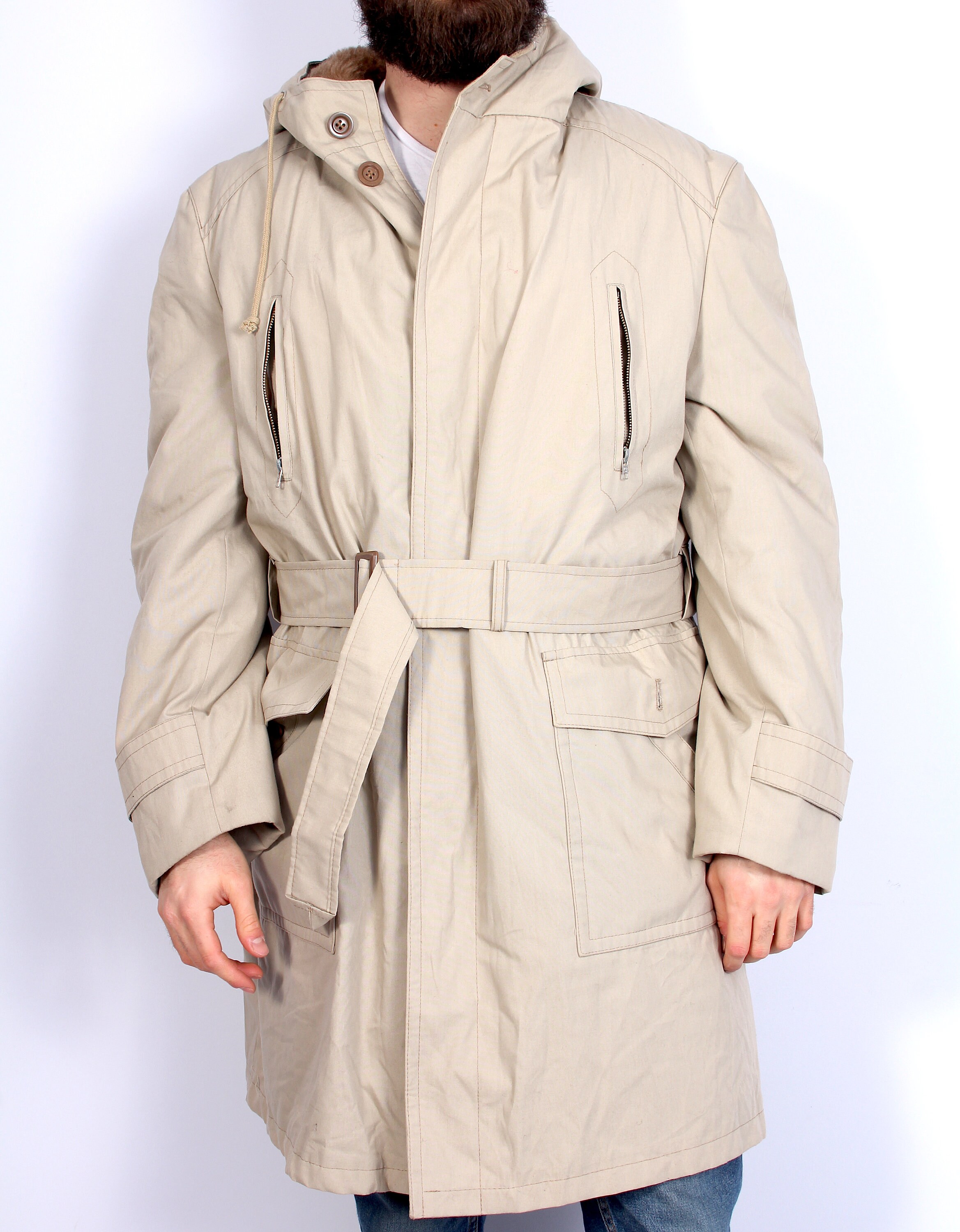 Hooded Men Trench Coat Belted White Warm Coat M L Etsy