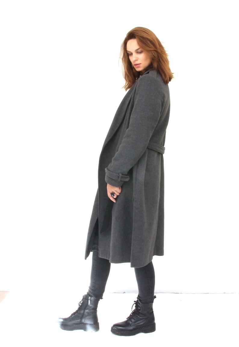 Grey Military Style Wool Coat Woman Belted Minimalist Peacoat M