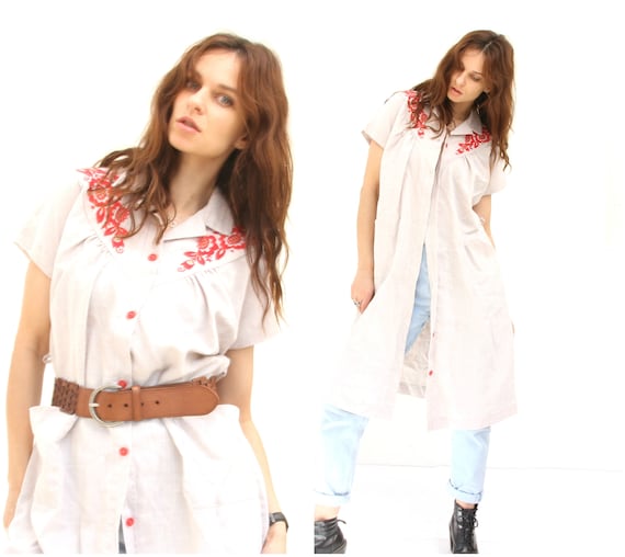 Linen Dress With Folk Embroidery Short Sleeve Shir