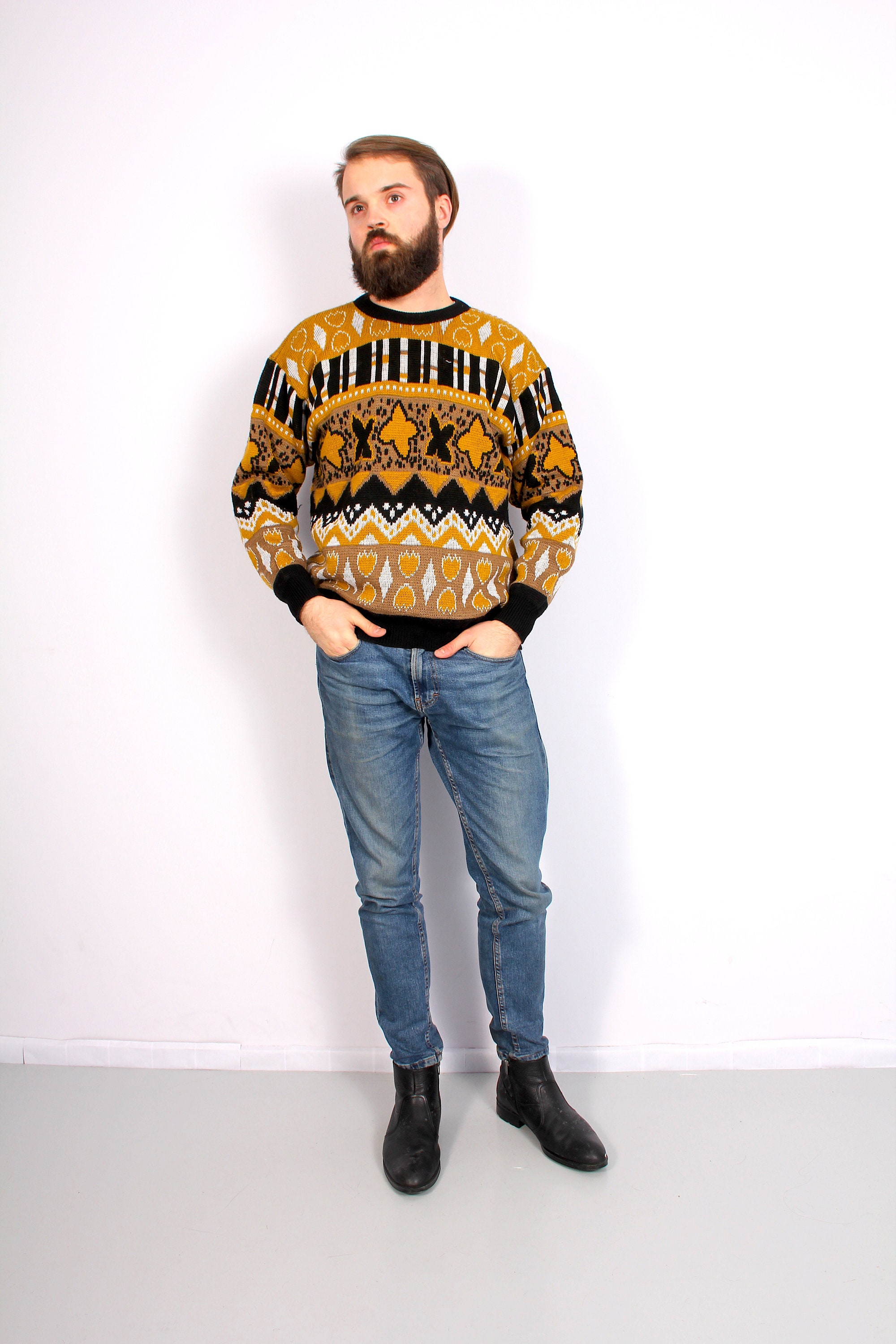 Unisex Knitted Abstract Sweater Hipster Casual Streetwear Pullover M L