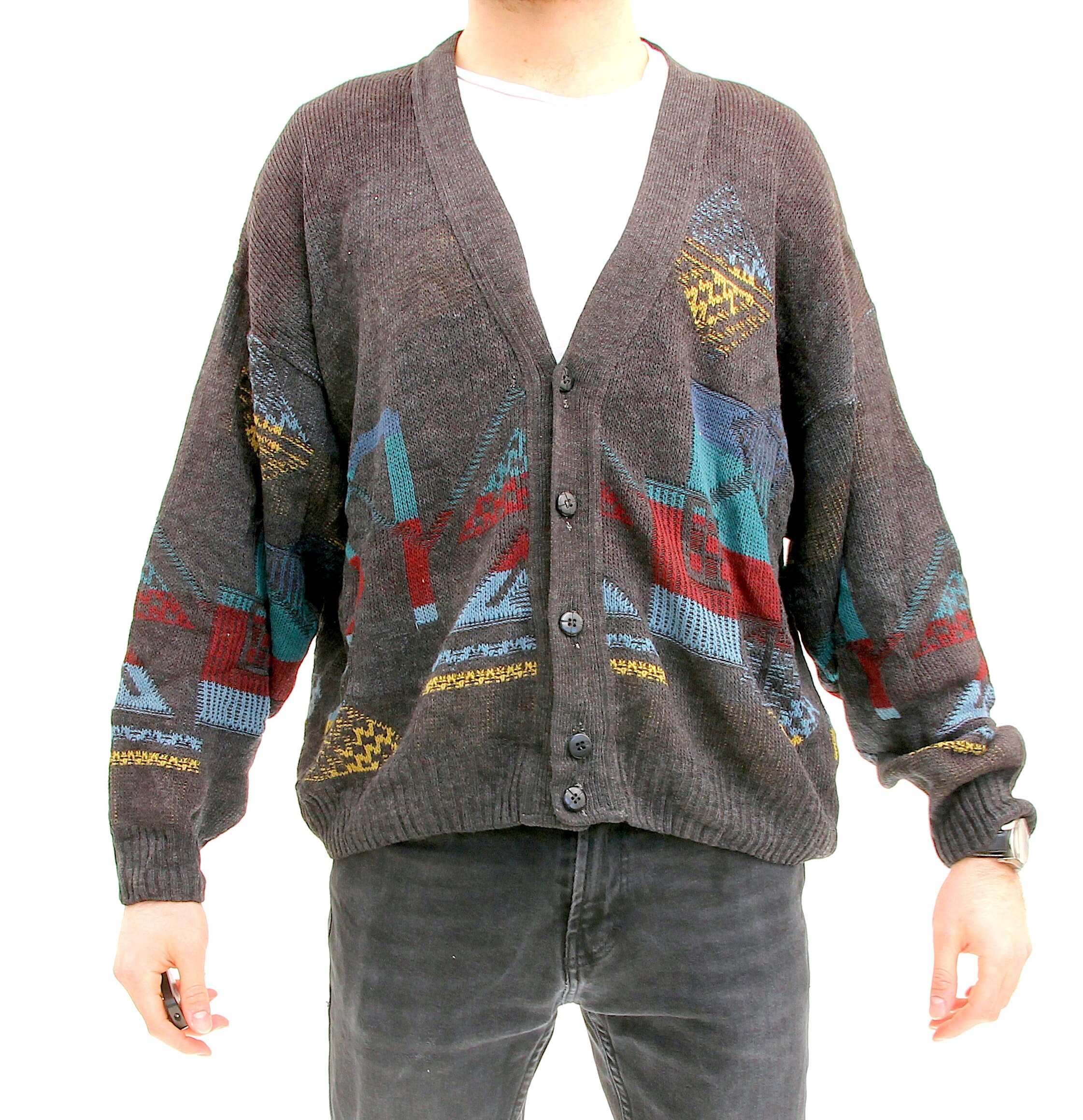 Knitted Grey Abstract Cardigan Button Down V-Neck Men Sweater M L