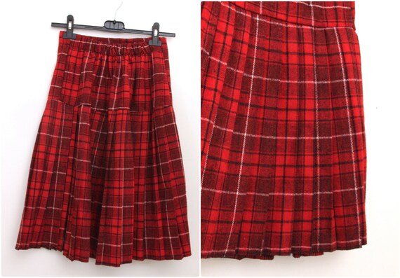 70s Tartan Wool Skirt Vintage Plaid Pleated Kilt Checkered Retro Check Mid Length Wrap Buckles High Waist Vtg 1970s Size M