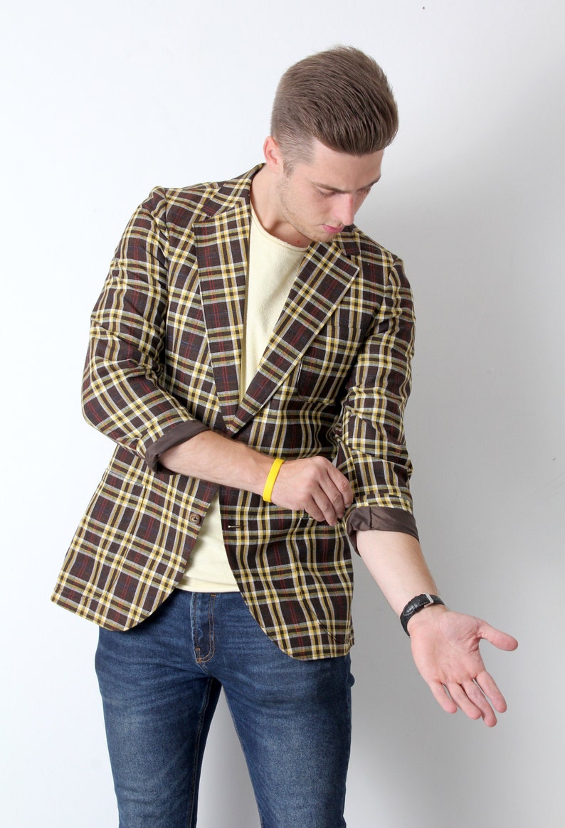 70s Tartan Jacket Tailored Jacket For Men Classic Jacket Yellow Brown Jacket L