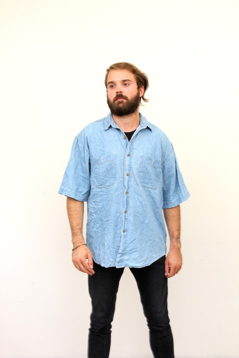 90/'s Short Sleeve Oversized Jeans Shirt Button Down Denim Blue Chemise L XL