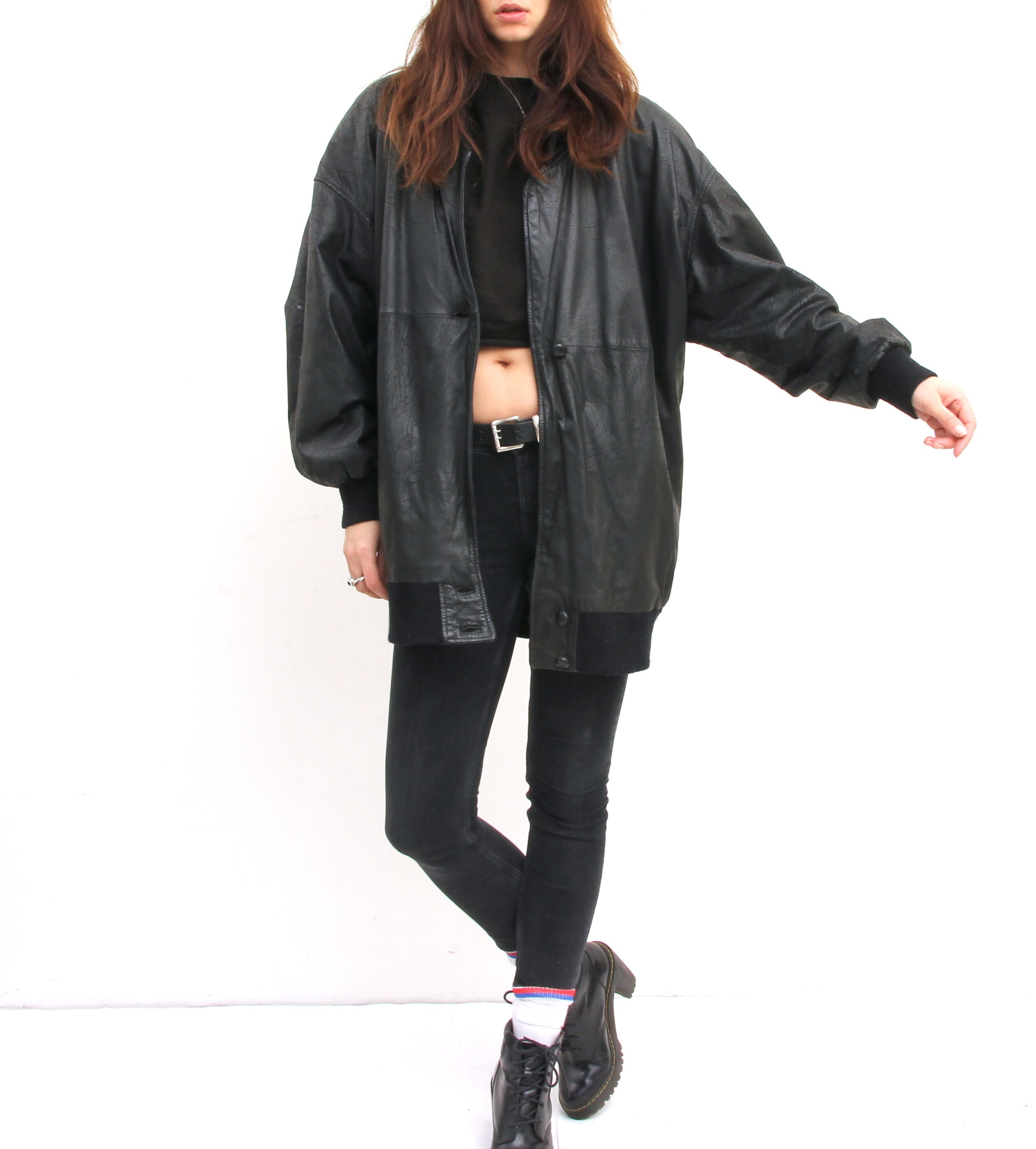 80's Long Bomber Jacket Genuine Leather Street Style Jacket L