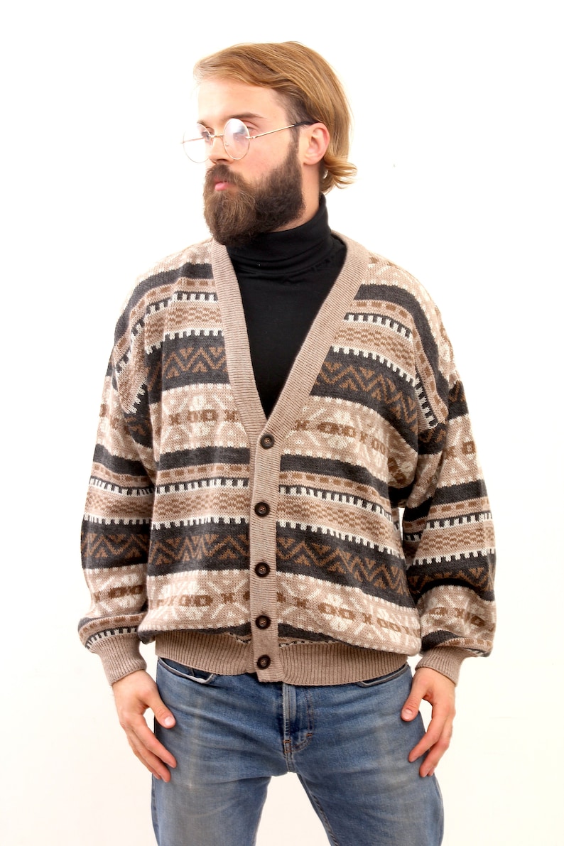 Abstract Knitted Men Cardigan Button Down V-Neck Warm Sweater M L