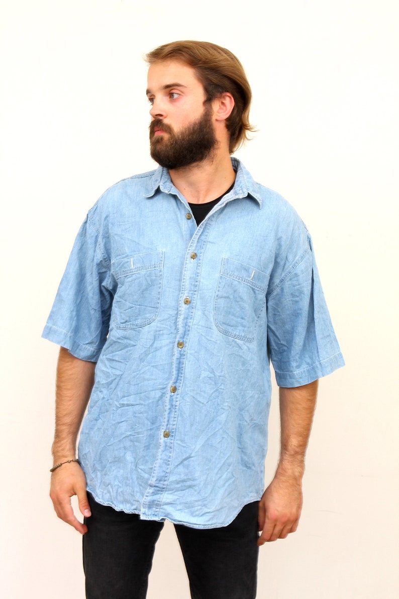 90/'s Short Sleeve Oversized Jeans Shirt Button Down Denim Blue Chemise L XL