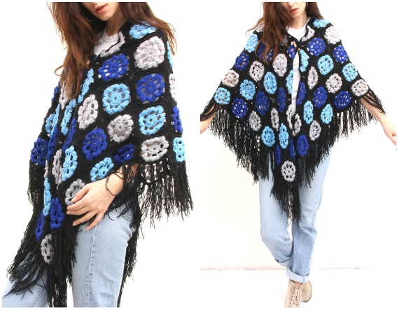 Square Granny Hand Knit Scarf Fringe Colorful Boho