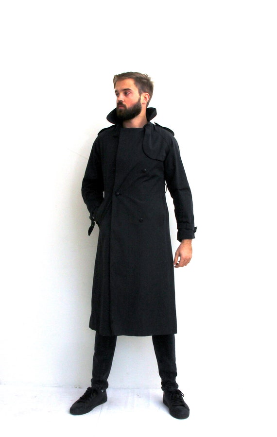 Long Unisex Trench Coat Vintage Tight Black Coat S