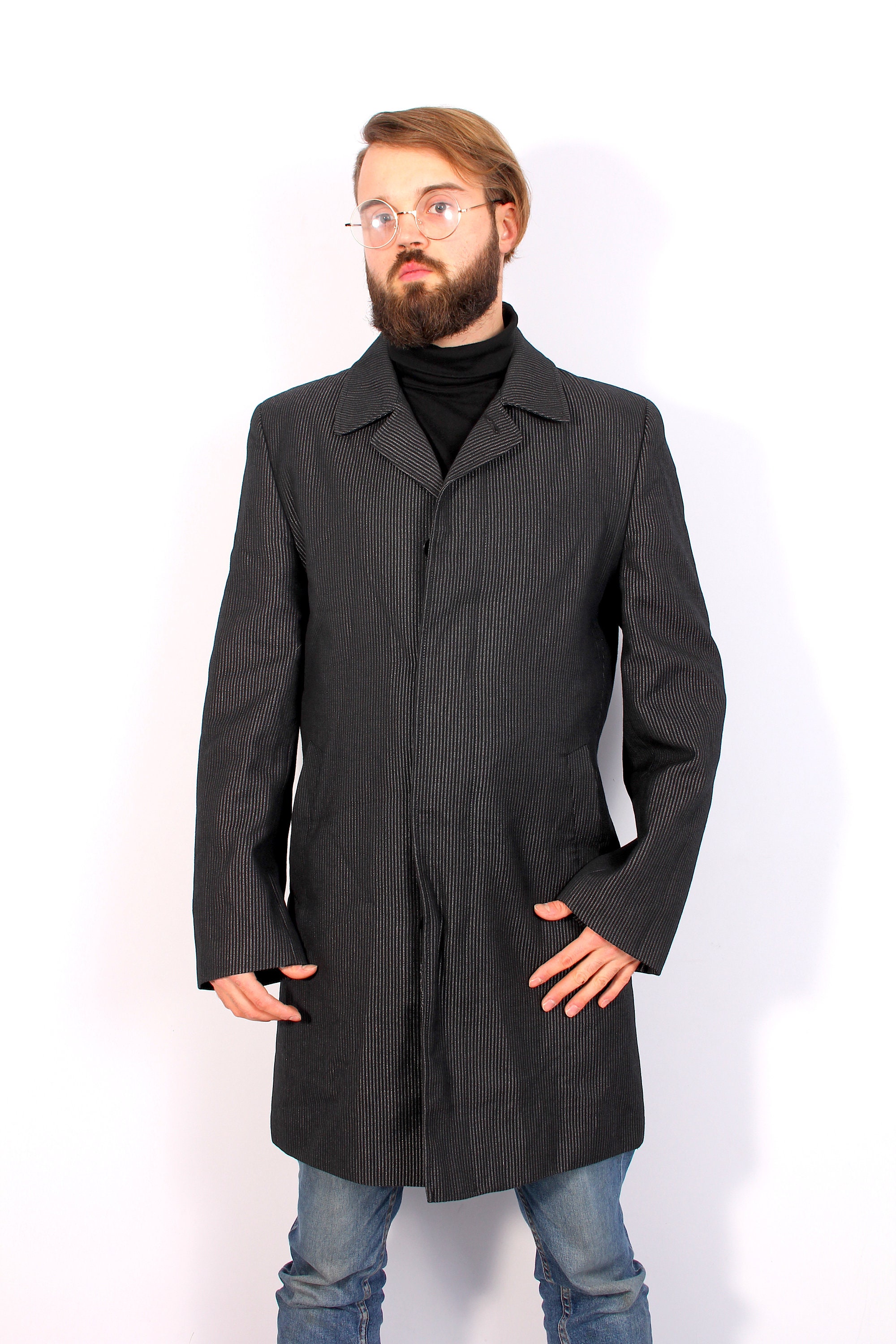 Unisex Long Classic Coat Vintage Preppy Spring Fitted Smart Black ...