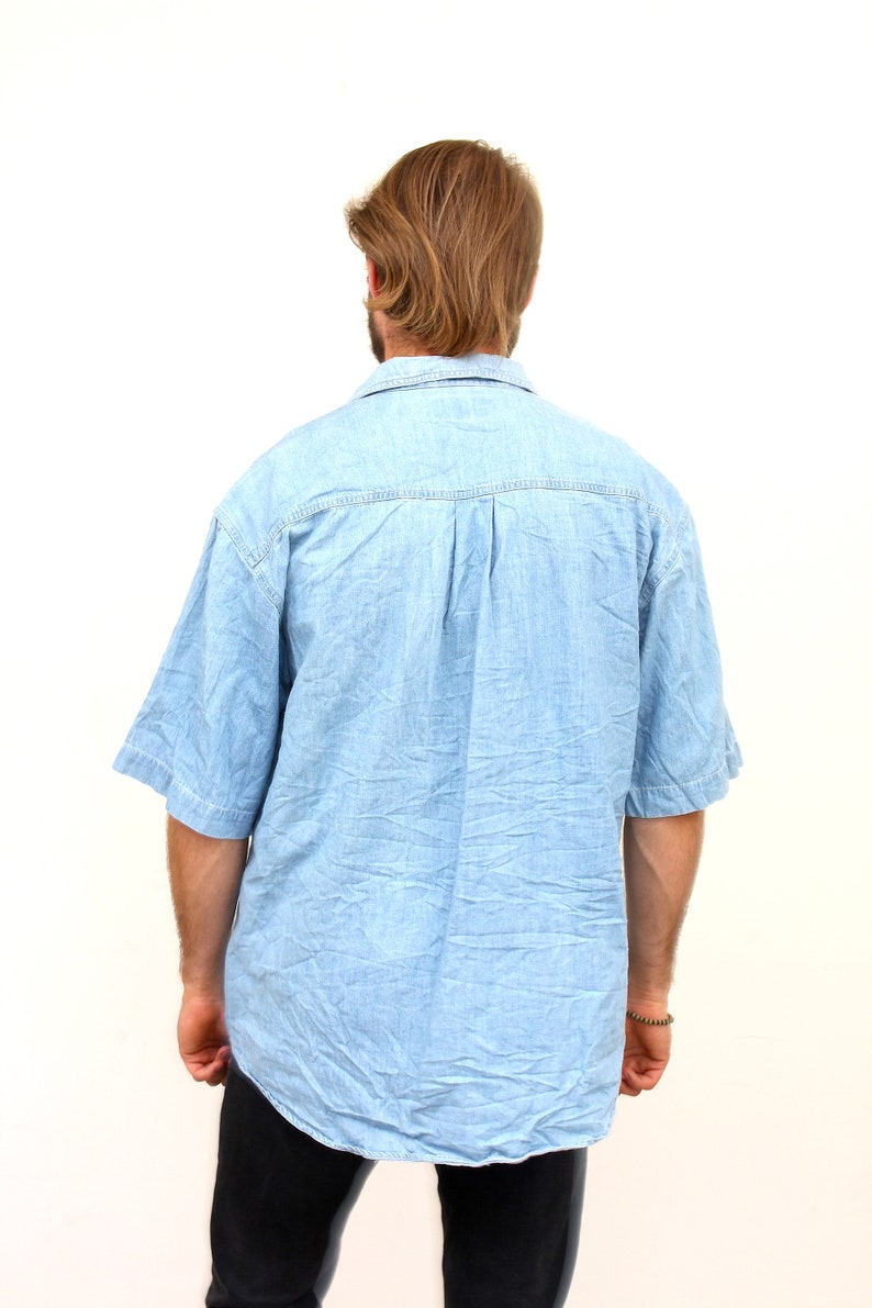 90/'s Short Sleeve Oversized Jeans Shirt Button Down Denim Blue Chemise L XL
