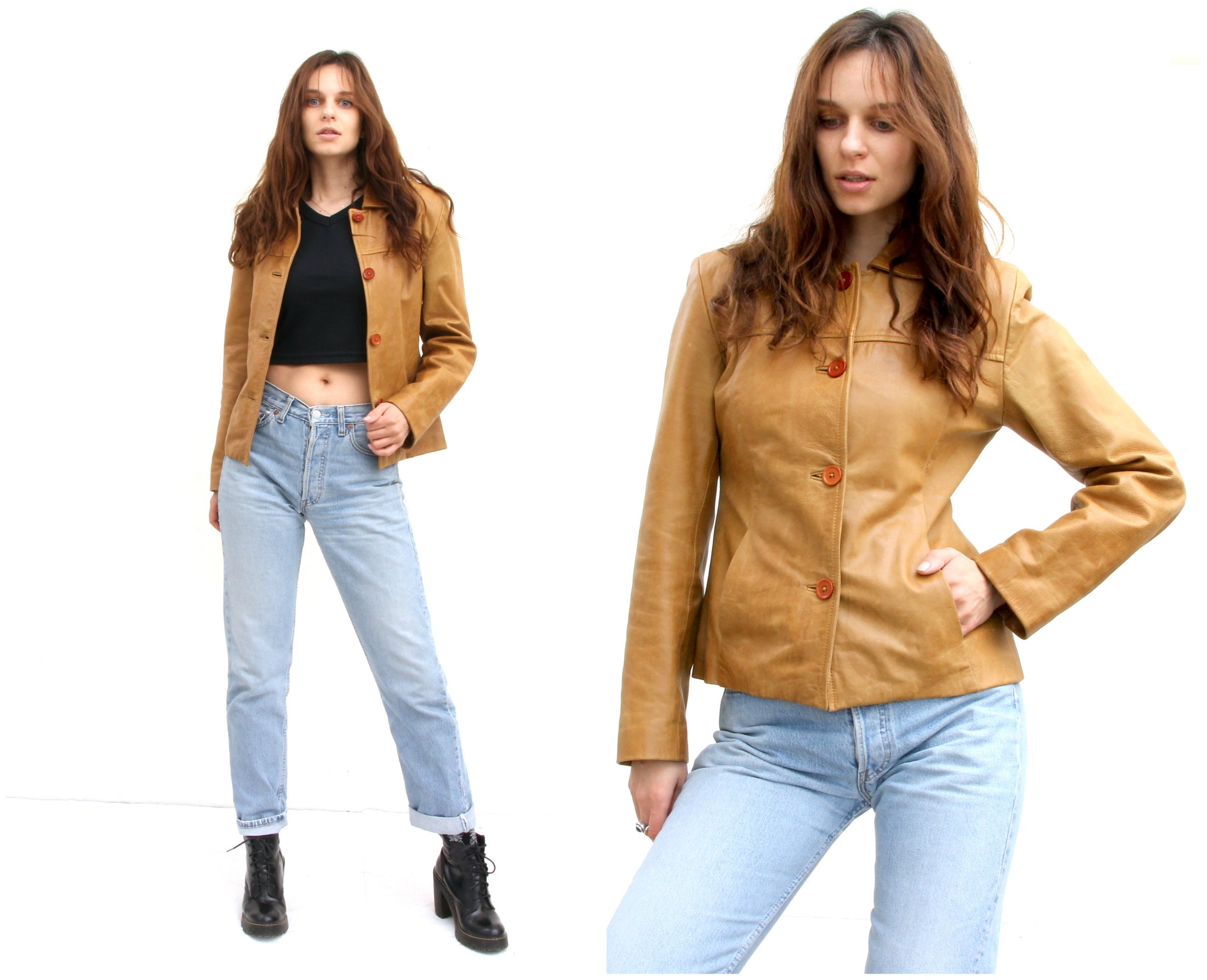 Mustard Leather Spring Jacket Slim Fit Woman Jacket Buttoned Jacket M L
