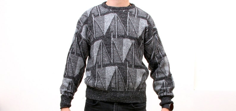 80s Geometric Sweater With Grey Tones Simple Pullover Home Pullover For Man M