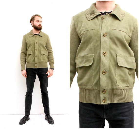 Suede Leather Khaki Men Jacket Knitted Button Down