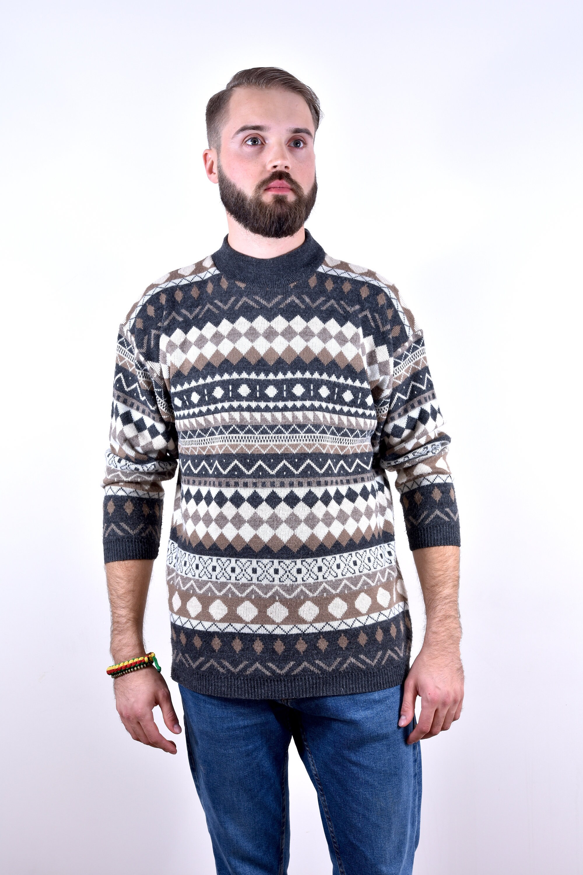 Man Geometric Sweater Crew Neck Pullover Casual Pullover Ornamented