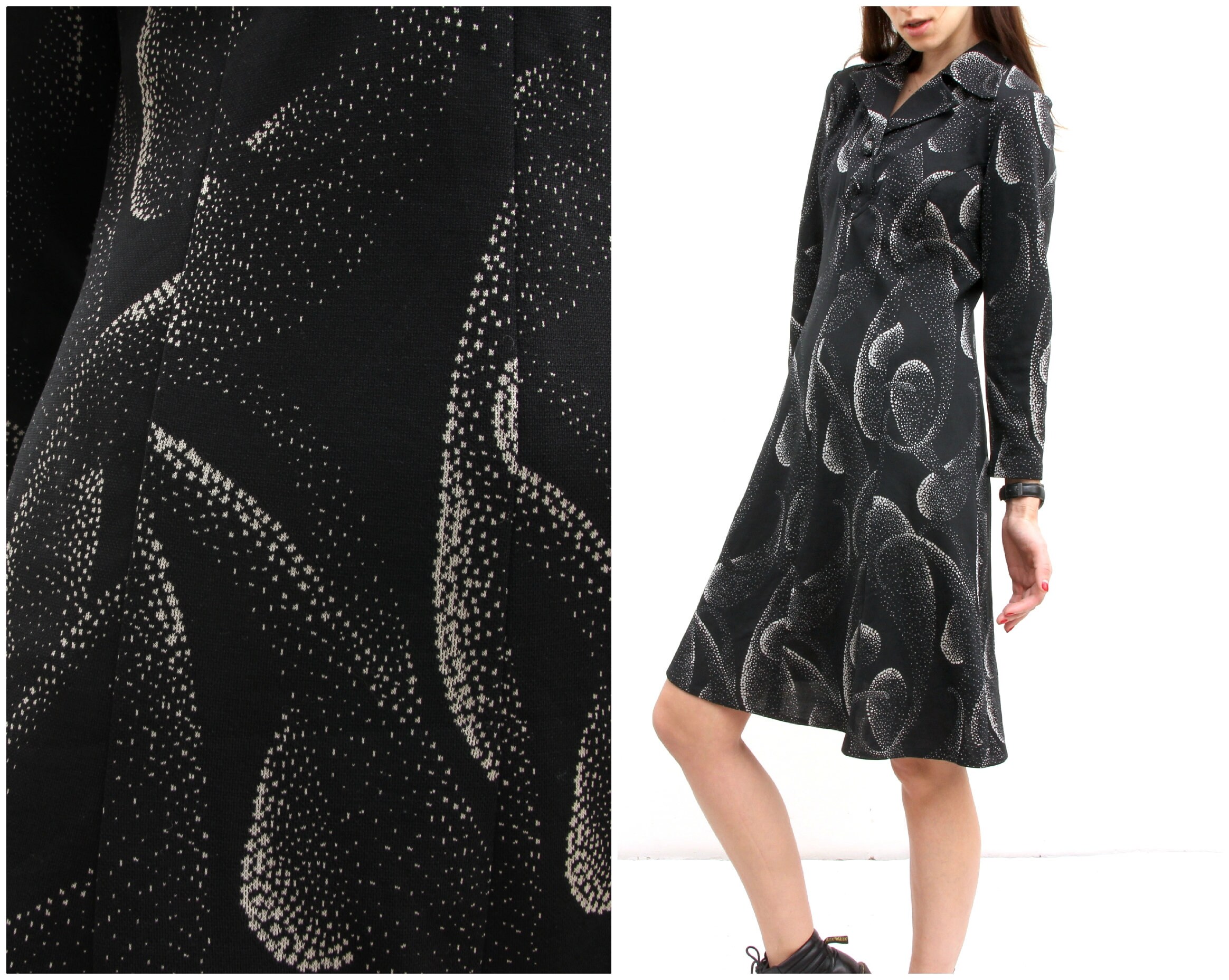 Black Simple Printed Dress Long Sleeve Dress Waisted Knee Length