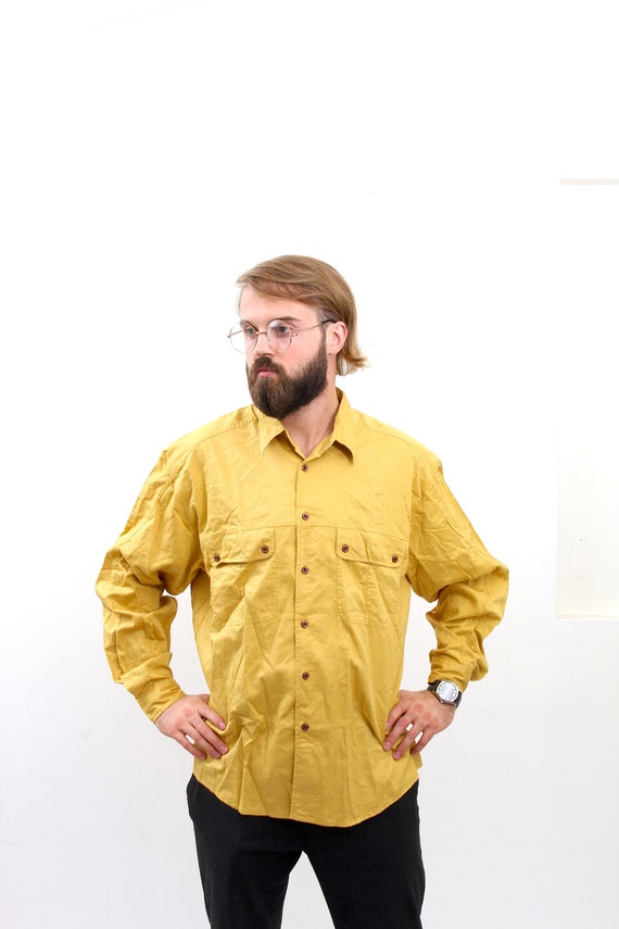 Vintage Button Down Oxford Shirt 80/'s Mustard Men Minimalist Chemise L XL
