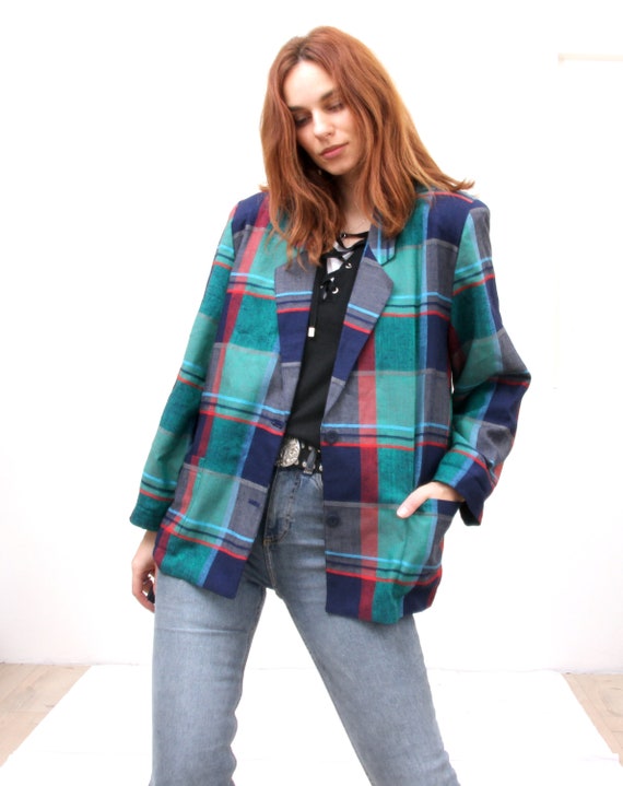 80s Plaid Blazer Green Green Blue Jacket Oversized