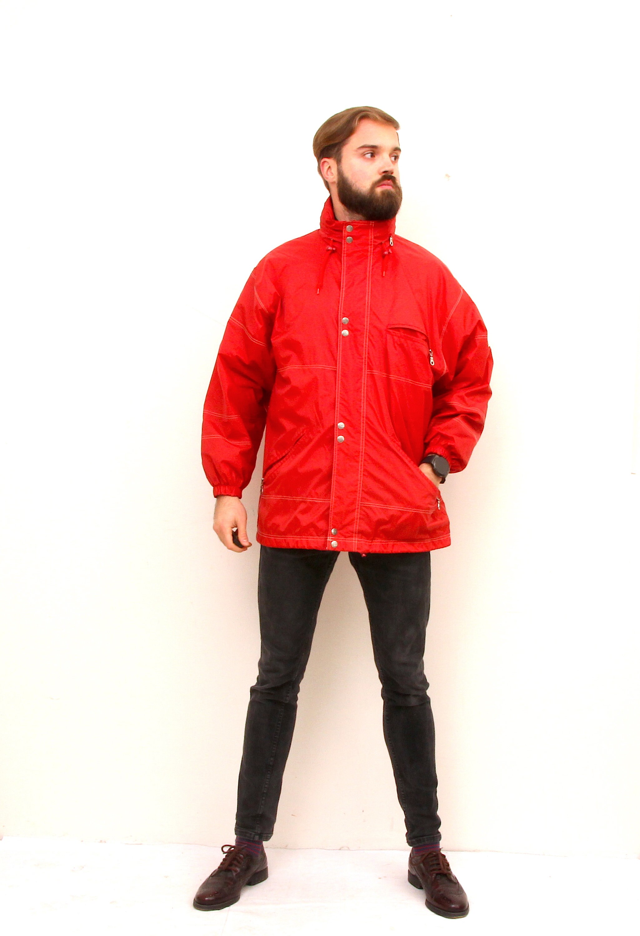 High Neck Oversized Red Windbreaker Unisex Waterproof Jacket M L