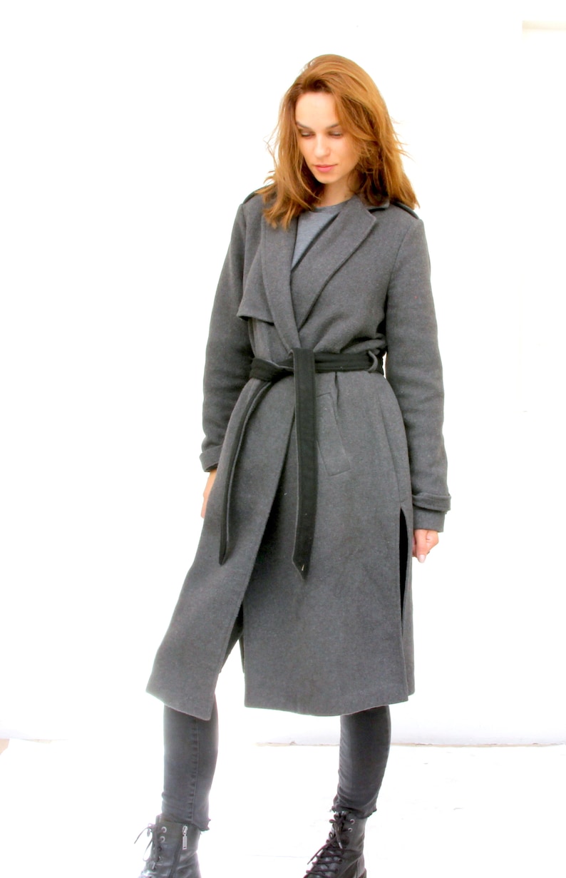 Grey Military Style Wool Coat Woman Belted Minimalist Peacoat M