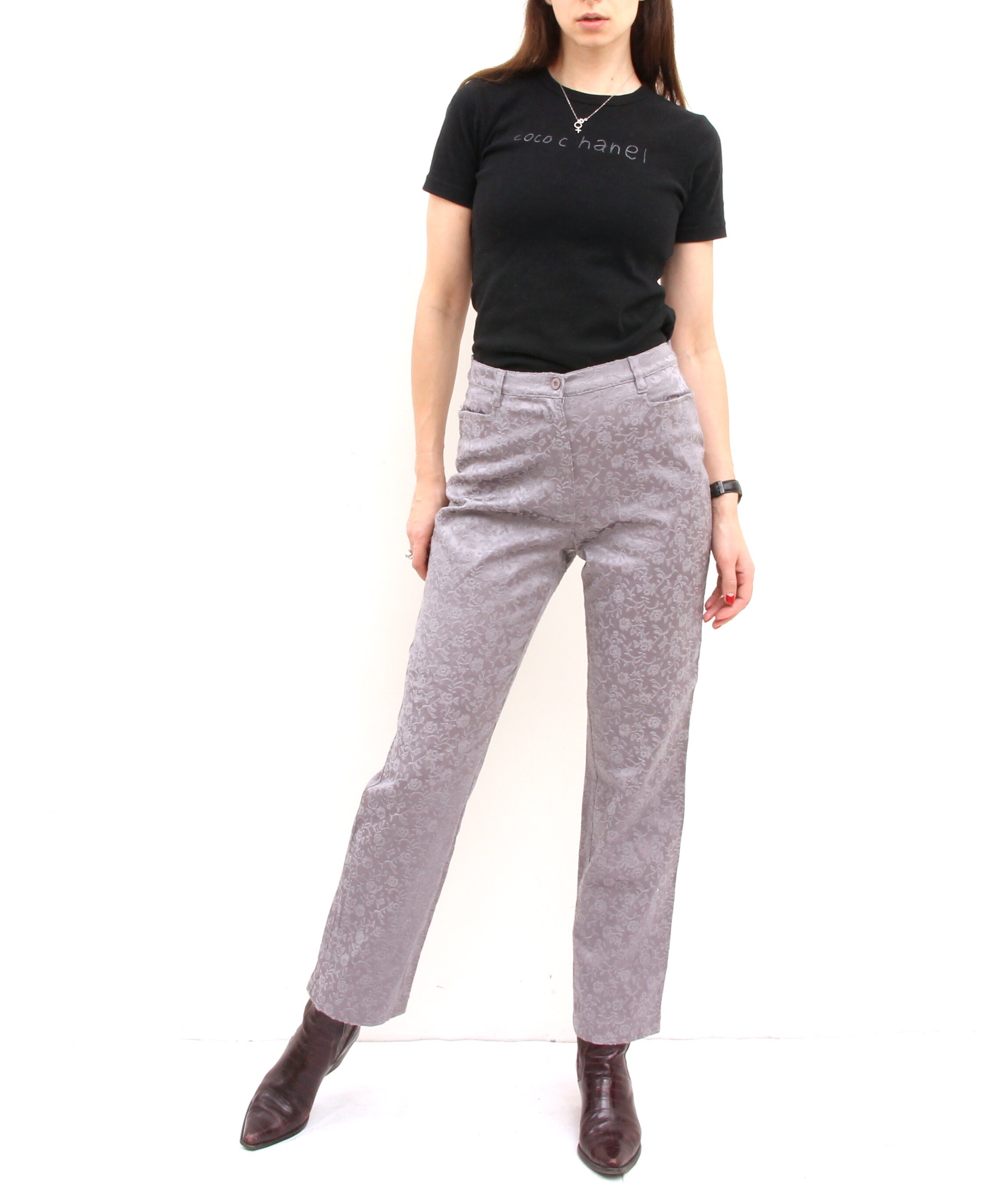 Floral Grey Pants Evening Embroidered Women Trousers Straight Leg Pants M