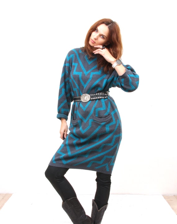Vintage 80s Knit Long Sweaterdress Geometric Loose