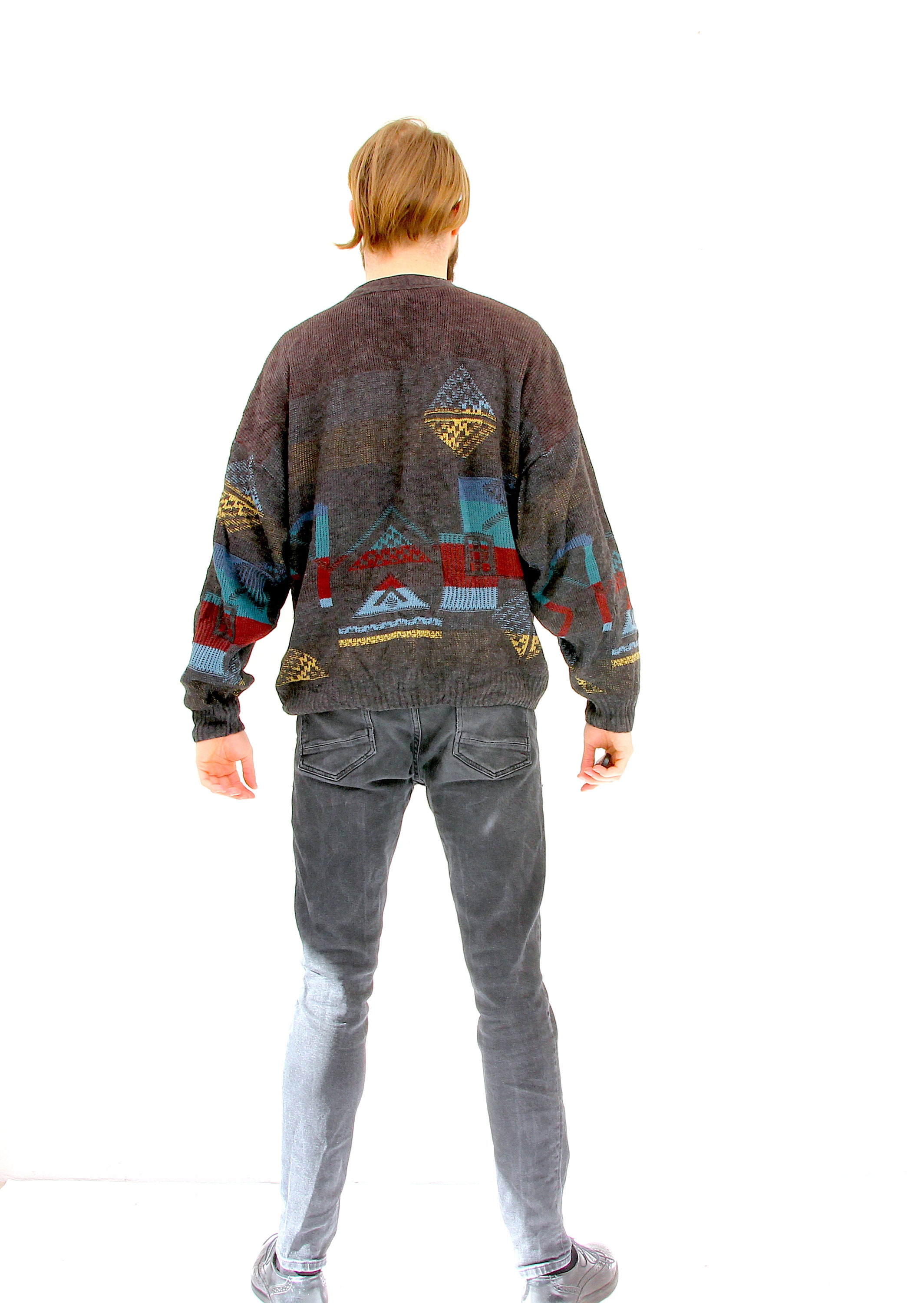 Knitted Grey Abstract Cardigan Button Down V-Neck Men Sweater M L