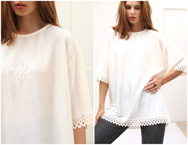 Vintage Cream Bed Top Crochet Feminine Tee Blouse XL XXL