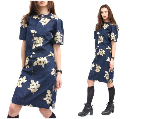 Vintage Denim Set Two Pieces Skirt Set Floral Suit