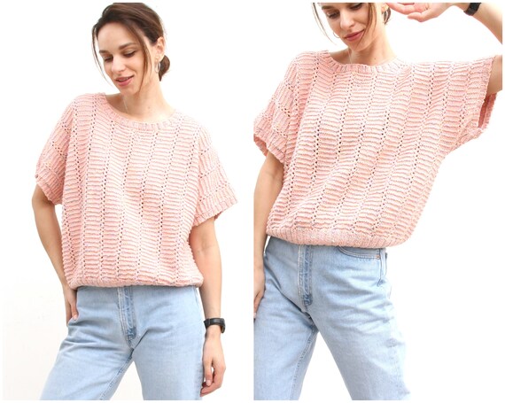 Peach Pastel Knit Top Balloon Short Sleeve Crochet
