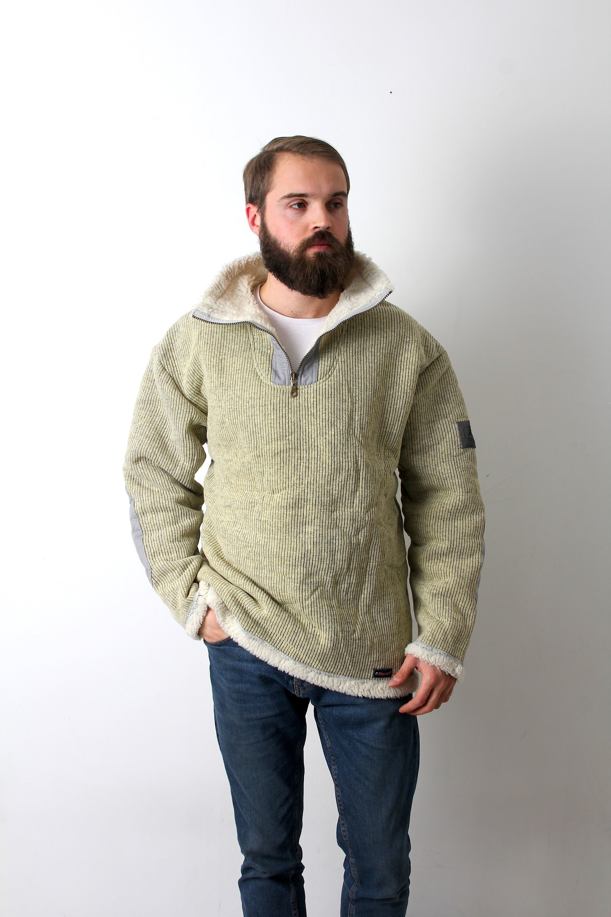 Unisex Half Zip Beige Jumper Long Neck Warm Pullover