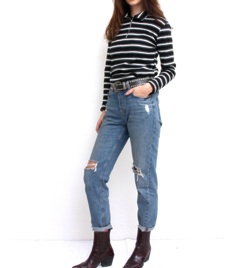 Vertical Stripes Black And White Top Quarter Zip Blouse Fitted Grunge Everyday Top With Long Sleeve M Made in France