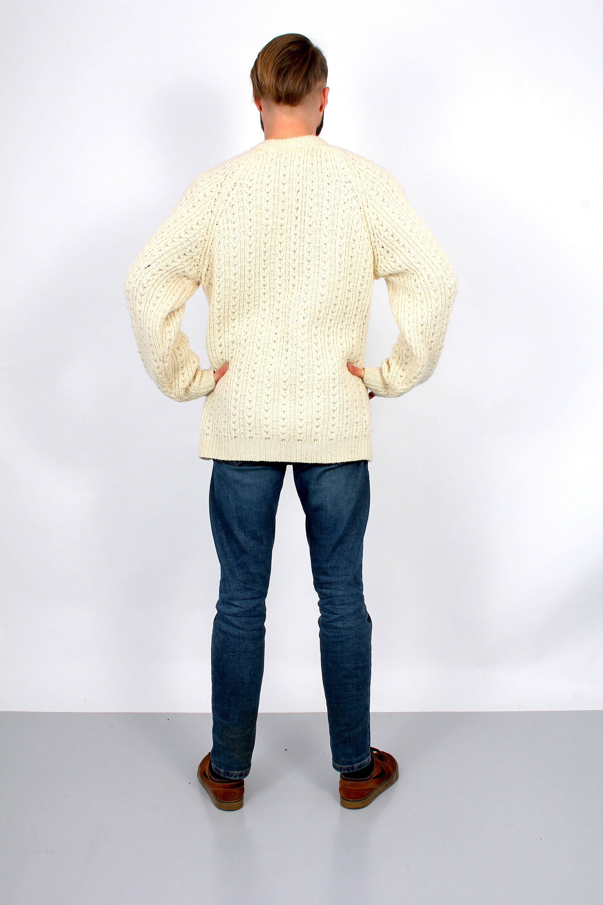 Knitted Oversized Sweater Unisex Long White Pullover M L