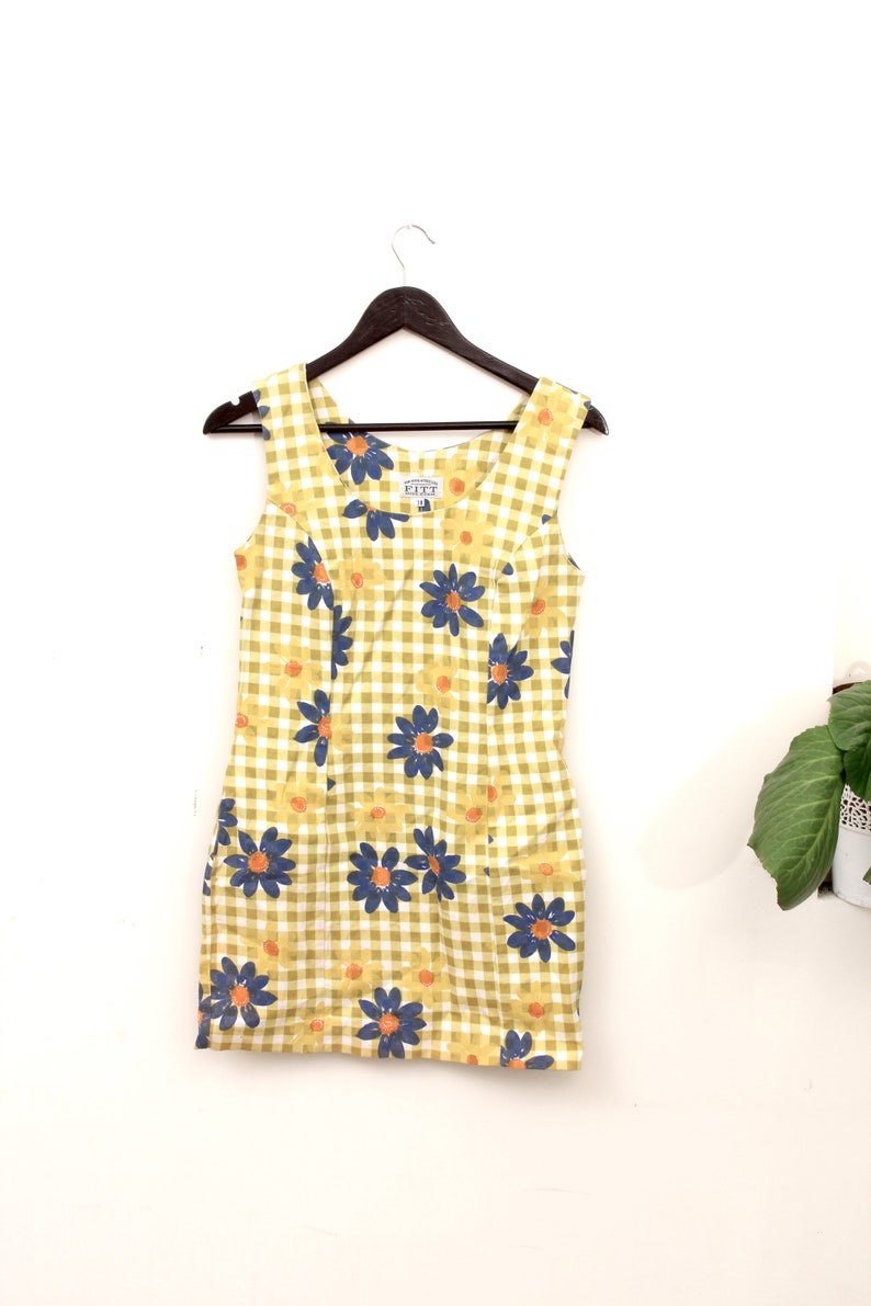 70s Yellow Blue Blossoms Summer Dress Sheath Above Knee Cute Floral Dress M 38