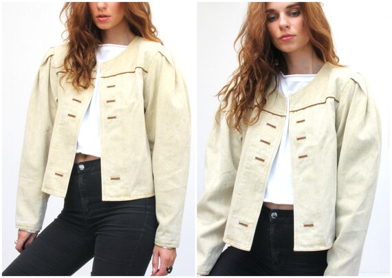 Denim Leg Muttons Sleeve Jacket Crop O Neck Jacket