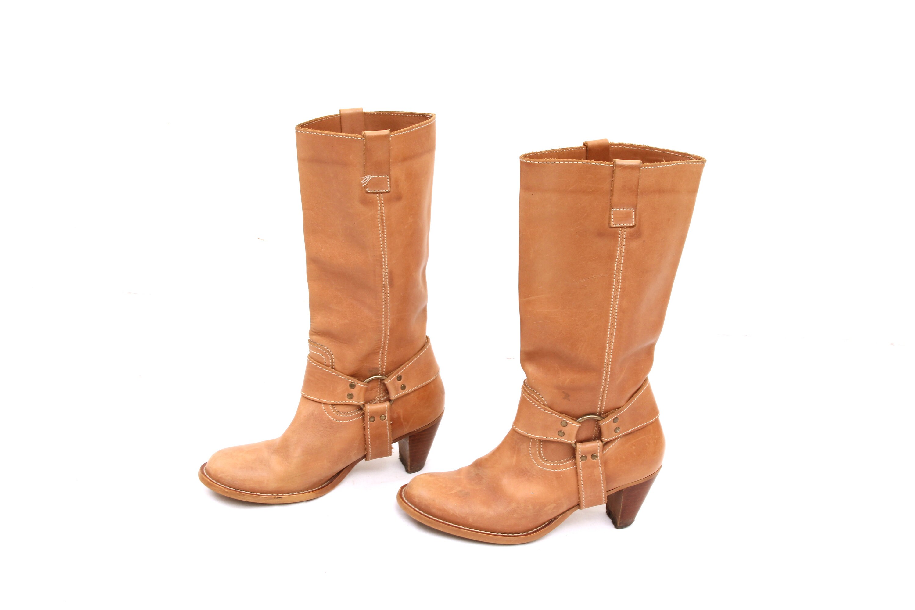 beige Leather Biker Tall Boots Mid High heel Boots Rocker Harness Boots EU37 UK4 US6'5